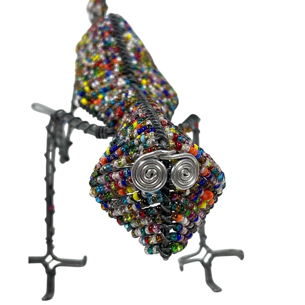 South Africa Handmade Glass Bead Wire Chameleon Lizard Card Pen Holder Vintage - Picture 2 of 10